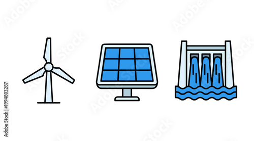 Renewable Energy Source Icons Set Including Wind Turbine, Solar Panel and Hydroelectric Power Plant Dam Vector Symbols for Sustainable Green Energy