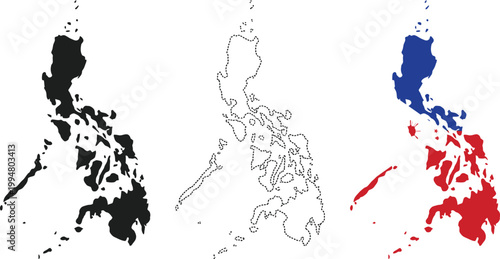 Philippines map flag. Silhouette, dotted outline and national flag versions of island country vector graphic. Southeast Asian geography and travel symbol. Political and patriotic indicator.