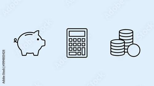 Finance and Savings Outline Icons Set, Piggy Bank, Calculator and Stack of Coins Symbols Isolated on Blue Background for Money Management, Budgeting, Investment, Banking and Financial Planning