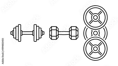 Gym Weightlifting Equipment Outline Icons Set, Adjustable Dumbbells, Barbell Plates and Fitness Training Gear Symbols Isolated on White Background