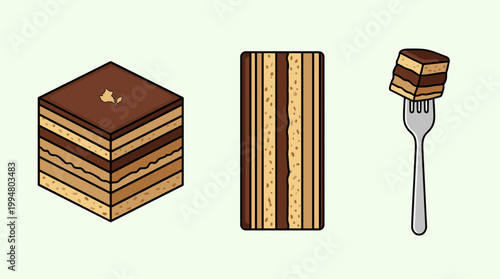French Opera Cake Slices and Dessert Icons Set, Layered Chocolate and Almond Sponge Cake with Fork Isolated on Light Green Background 