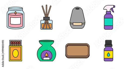 Home Fragrance and Aromatherapy Icons Set with Scented Candles, Reed Diffuser, Essential Oils and Air Freshener Spray, Vector Wellness Symbols