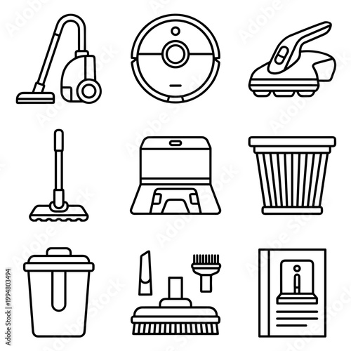 Household Cleaning Equipment Icons Set with Vacuum Cleaner, Robot Mop, Dustbin, Broom and Manual Book, Simple Linear Vector Symbols for Housework
