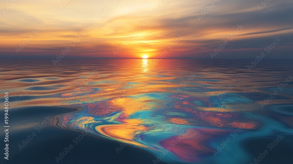Fototapeta premium Vibrant sunset reflecting on polluted ocean waters showing iridescent oil slicks with a calm horizon