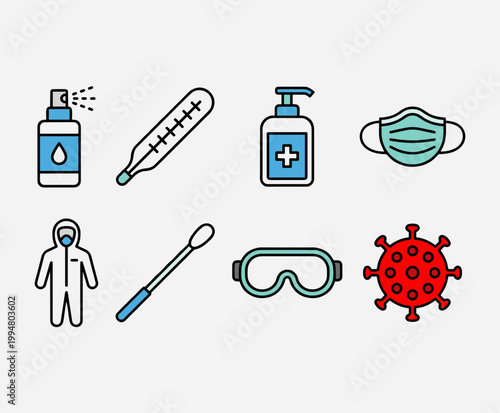 Pandemic Protection and Medical Safety Icons Set with Face Mask, Thermometer, Sanitizer, Biohazard Suit and Virus Cell, Vector Healthcare Symbols