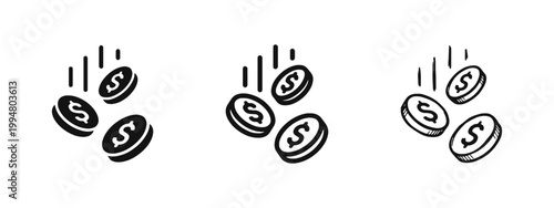 Falling dollar coins icon set representing cash flow or income in glyph outline and hand drawn styles