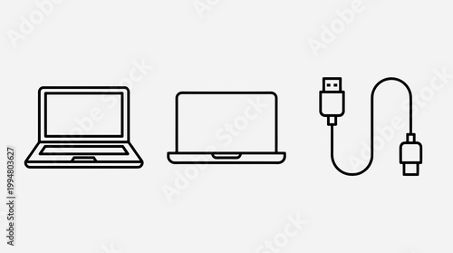 Laptop Computer and USB Cable Connection Line Icons Set Isolated on White Background for Technology Hardware and Data Transfer Concept Design