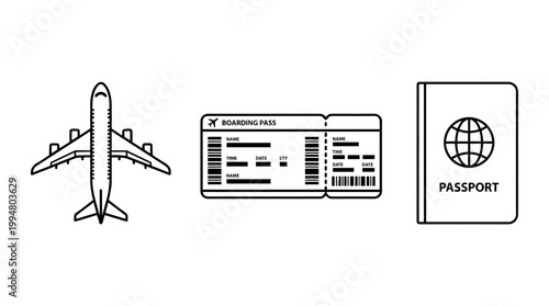 Travel Essentials Icons Set Featuring Airplane Boarding Pass and Passport Document Symbols Isolated on White Background for Tourism Concept