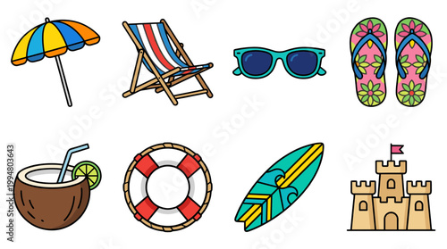 Summer Beach Vacation Colorful Icons Set with Umbrella Chair Sunglasses Flip Flops Coconut Drink Lifebuoy Surfboard and Sandcastle Symbols