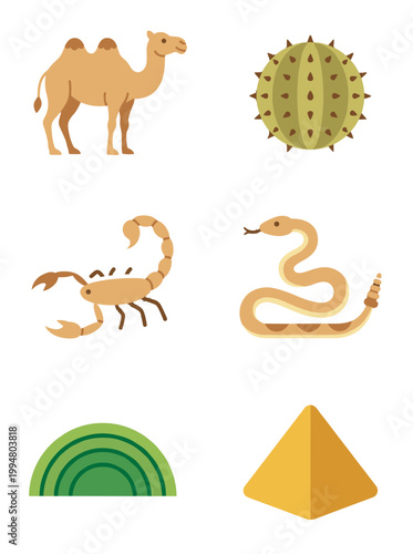 Desert Wildlife and Landscape Elements Set with Camel, Cactus, Scorpion, Rattlesnake, Sand Dunes and Egyptian Pyramid Vector Icons for Travel Design