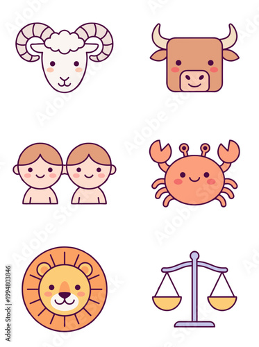Zodiac Signs Astrology Icons Set Featuring Aries, Taurus, Gemini, Cancer, Leo and Libra Cute Cartoon Symbols for Horoscope and Galaxy Future Prediction