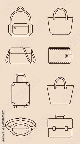 Bags and Luggage Outline Icons Set Featuring Backpack, Tote Bag, Messenger Bag, Wallet, Suitcase, Fanny Pack, and Briefcase Travel Accessories