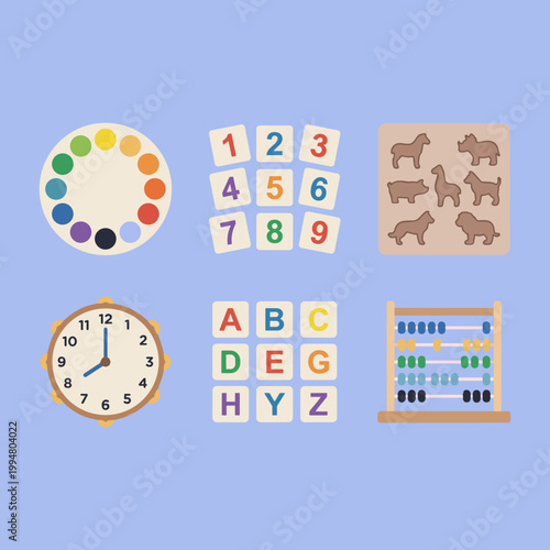 Early Childhood Educational Learning Tools Icons with Color Wheel, Number Tiles, Animal Puzzle, Clock, Alphabet Blocks and Abacus Vector Set