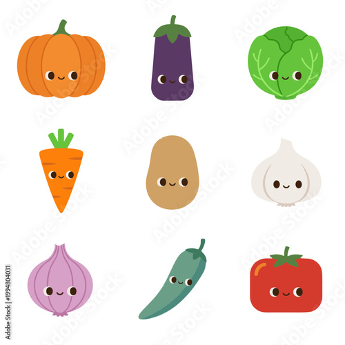 Cute Vegetable Character Icons Set with Pumpkin, Eggplant, Cabbage, Carrot, Potato, Garlic, Onion, Pepper and Tomato, Kawaii Food Vector Art