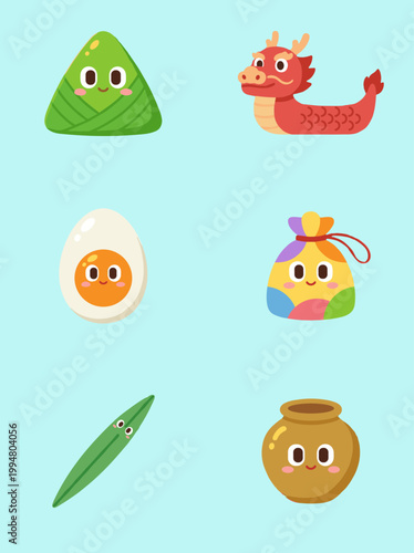 Cute Dragon Boat Festival Flat Vector Icon Set, Adorable Rice Dumpling, Zongzi, Salted Egg, Sachet, Bamboo Leaf and Wine Jar Mascot Characters for Traditional Chinese Culture