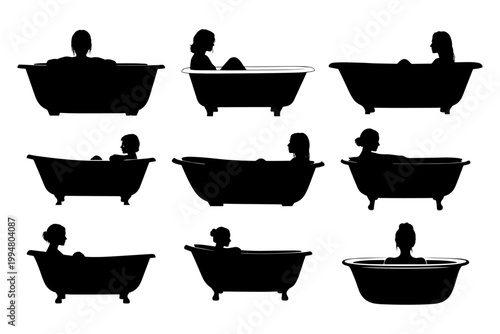 Bathing Woman Bathtub Vector Silhouette Relaxing Bathroom Spa Scene
