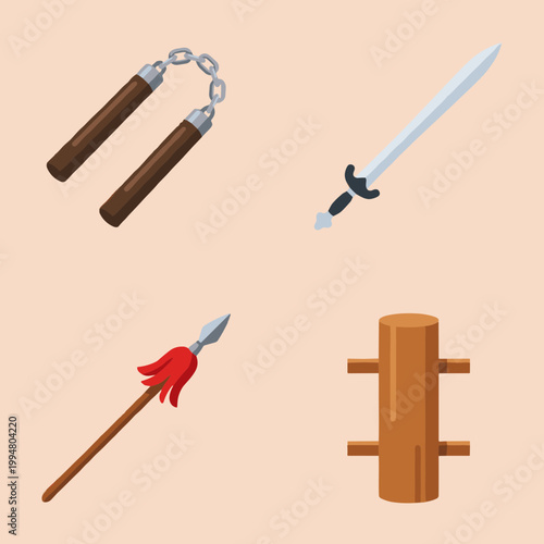 Traditional Martial Arts Equipment Set with Nunchaku, Sword, Spear and Wooden Dummy for Training and Combat Sports Vector Flat Illustrations