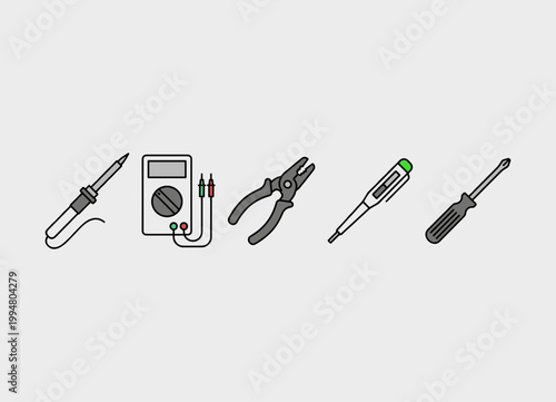 Professional Electrical Repair and Maintenance Hand Tools Set, Soldering Iron, Digital Multimeter, Pliers, Voltage Tester Pen and Screwdriver Vector Illustration