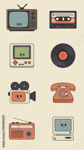 Retro Vintage Electronic Media Devices with Cute Kawaii Faces, Classic Television, Cassette Tape, Game Console, Vinyl Record, Camera, Rotary Phone, Radio and Computer