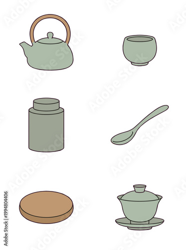Traditional Chinese Tea Ceremony Set Including Teapot, Cup, Canister, Spoon, Tray and Gaiwan Bowl, Zen Culture Flat Vector Illustration