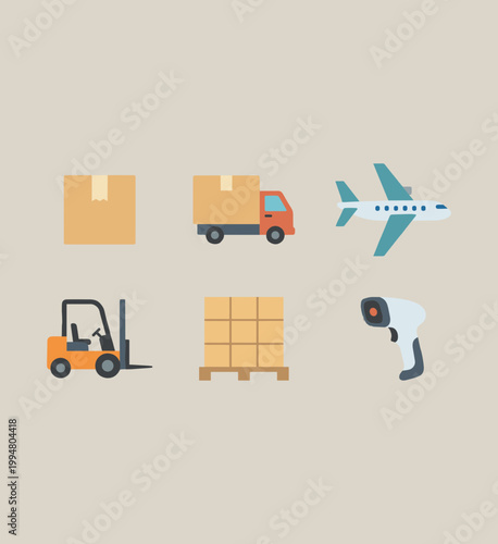 Logistics and Shipping Services Icons Including Delivery Box, Truck, Airplane, Forklift, Pallet and Barcode Scanner, Global Transport Vector