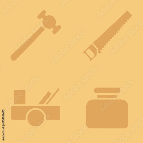 Woodworking Tools Silhouette Set Featuring Hammer, Hand Saw, Planer and Glue Bottle on Textured Background, Carpenter Workshop Vector Icons