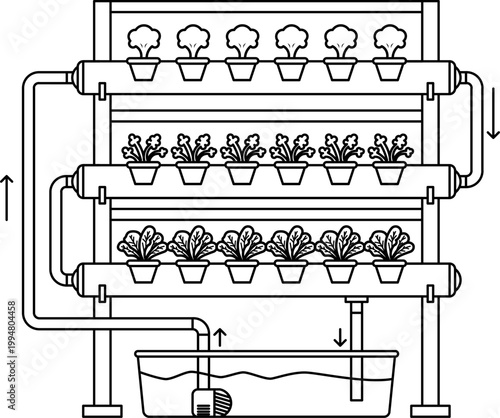 Hydroponic NFT system diagram with vertical pipes, water circulation, and pump. Clean outline vector illustration showing nutrient flow, reservoir, and plant growth structure for modern urban farming