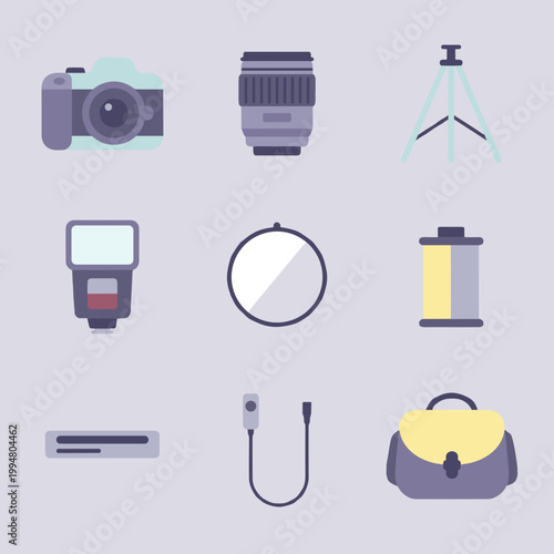 Professional Photography Equipment Kit with Camera, Lens, Tripod, Flash, Reflector, Film, Remote and Camera Bag, Digital Media Vector Icons