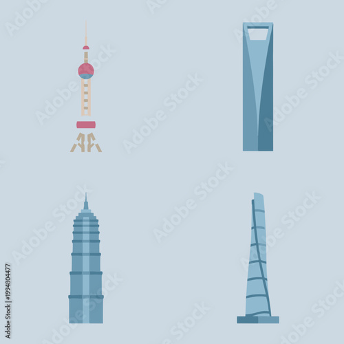 Shanghai Landmark Architecture Icons Set, Oriental Pearl Tower, World Financial Center, Jin Mao Tower and Shanghai Tower Vector Flat Illustration
