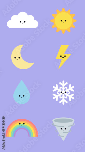 Cute Kawaii Weather Icons Set with Smiling Faces, Sun, Cloud, Moon, Lightning, Raindrop, Snowflake, Rainbow and Tornado Vector Illustration Elements