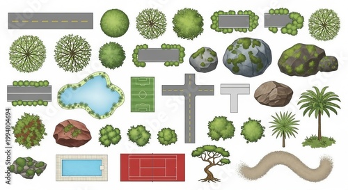 Landscape design illustration set with trees shrubs pond swimming pool tennis court soccer field and roads