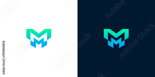 Modern M letter logo design with gradient blue-green color on white and dark background