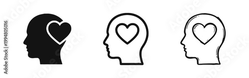 Mental health empathy head with heart icon set in glyph line and hand-drawn doodle vector styles