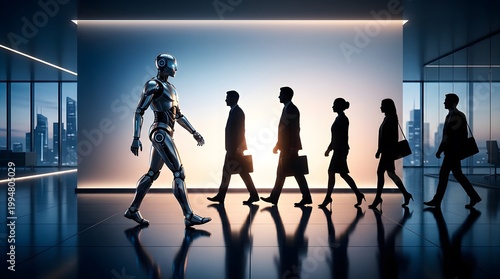 Silhouettes of people and a robot walking in a modern space