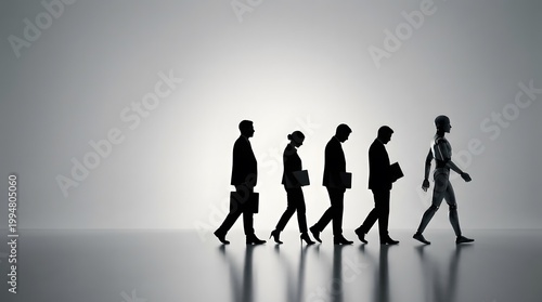Silhouettes of business people walking in a white space