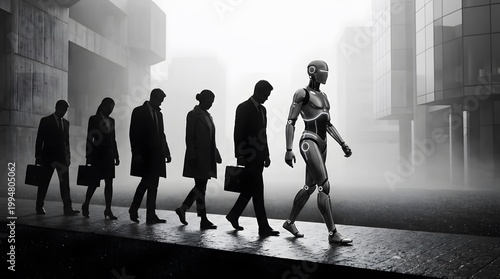 Silhouettes of workers and a robot walking outdoors