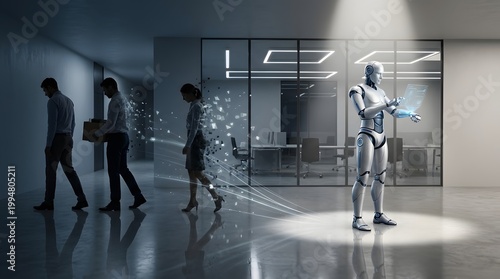 Silhouettes of people and a robot walking in an office lobby