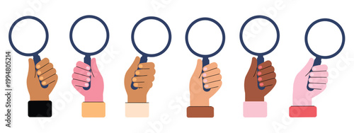 Search and analysis icon hands holding magnifying glass research discovery cartoon flat vector illustration