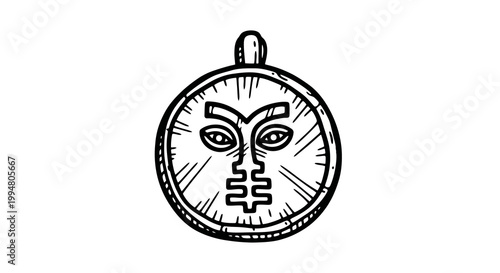 Hand drawn tribal mask pendant design in monochrome