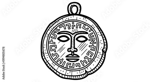 Intricate ancient medallion with maze design in black and white outline style