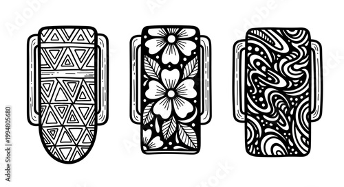 Intricate hand-drawn patterns on stylish surfboards