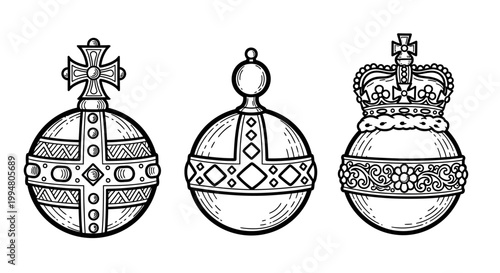 Ornate monochrome globes with intricate patterns and regal crowns