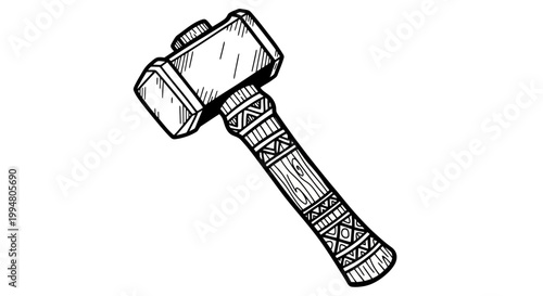 Hand drawn tribal hammer with detailed patterns in black and white line art style