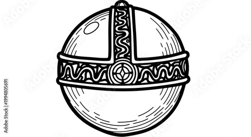 Ornate black and white viking helmet with intricate design elements