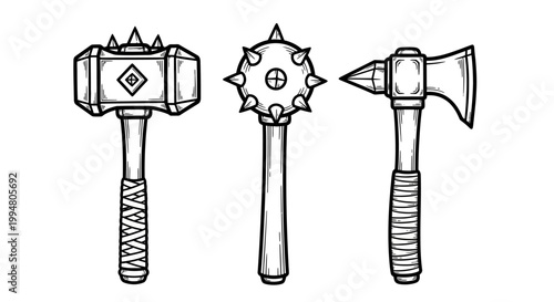 Medieval weapons: hand-drawn hammer, mace, and axe with intricate details