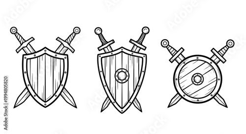 Medieval shields and crossed swords in black and white line art design