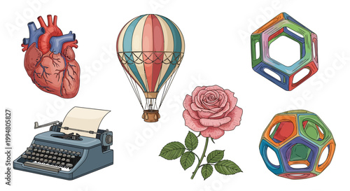 Eclectic mix: heart, hot air balloon, typewriter, rose, geometric shapes