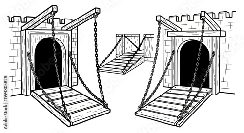 Medieval castle drawbridge with chains and stone walls in black and white line art