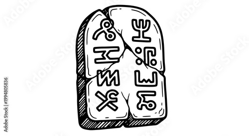 Black and white ancient symbols on cracked stone tablet