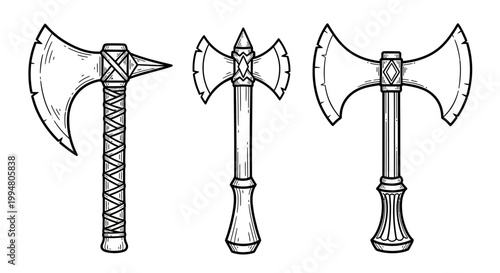 Hand drawn medieval battle axes collection: unique designs and detailed craftsmanship